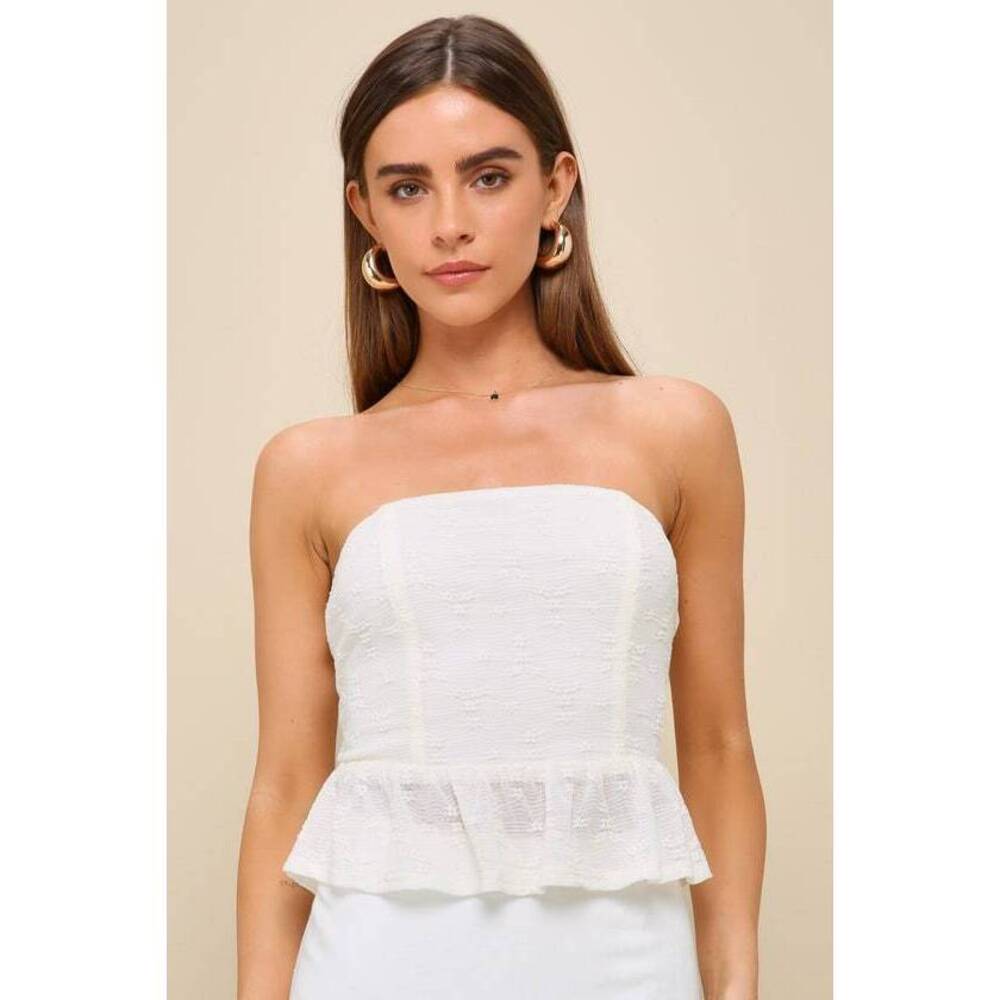 NWT Lulus Adorable Character Cream Textured Strapless Tie-back Top Beige Size M